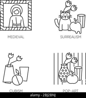 Art movements pixel perfect linear icons set Stock Vector