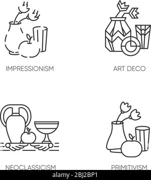 Art movements pixel perfect linear icons set Stock Vector