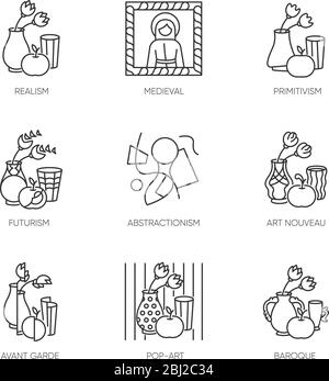 Cultural movements pixel perfect linear icons set Stock Vector