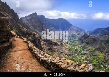 Aerial Hiking trail in Paul Valley, Santo Antao island, Cape Verde, Africa Stock Photo