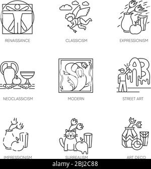 Art movements pixel perfect linear icons set Stock Vector