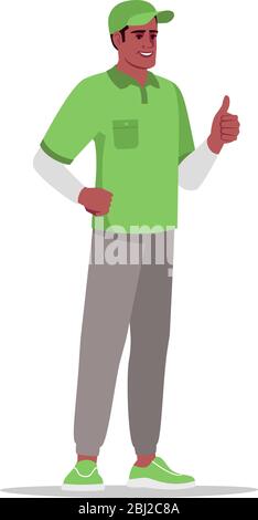 Deliveryman in green uniform semi flat RGB color vector illustration Stock Vector