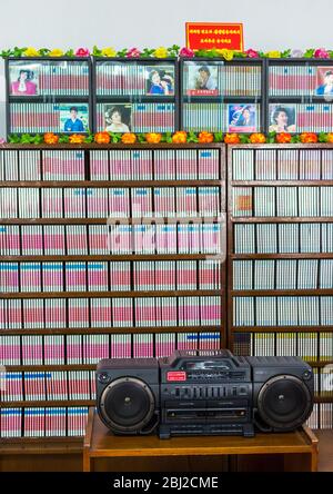 Pyongyang / DPR Korea - November 12, 2015: Old cassette player and CDs in a classroom at the Grand People's Study House, an educational center open to Stock Photo