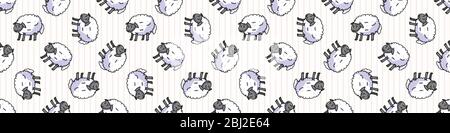 Cute white sheep cartoon seamless vector border. Hand drawn agriculture livestock. Farm animal all over print on check background. Wooly ewe backdrop Stock Vector