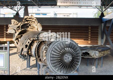 Pyongyang / DPR Korea - November 12, 2015: Shot down US Air Force aircraft displayed in the Victorious War Museum dedicated to the Korean War in Pyong Stock Photo