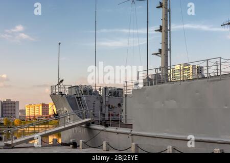 Pyongyang / DPR Korea - November 12, 2015: USS Pueblo (AGER-2) spy ship which was captured by North Korea in 1968, displayed at the Victorious War Mus Stock Photo