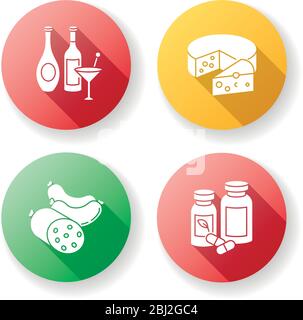 Grocery items flat design long shadow glyph icons set Stock Vector