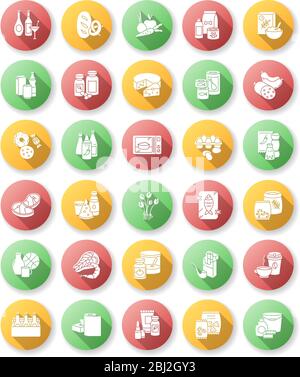 Groceries category flat design long shadow glyph icons set Stock Vector