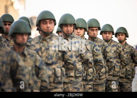 Izmir, Turkey - October 29, 2019. Turkish Soldiers with helmets are waiting in line. Republic day of Turkey. Stock Photo