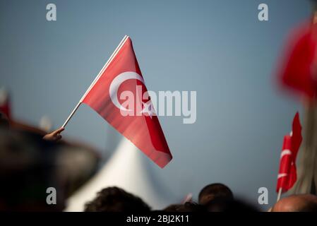 October 29 Republic day of Turkey. Crowded people in the square of Gundogdu and Turkish flags in crowded people. Stock Photo