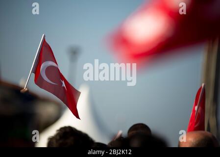 October 29 Republic day of Turkey. Crowded people in the square of Gundogdu and Turkish flags in crowded people. Stock Photo