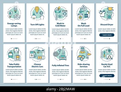 Energy effectiveness onboarding mobile app page screen with concepts set Stock Vector
