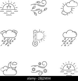 Weather forecast pixel perfect linear icons set Stock Vector