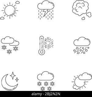 Sky clarity and precipitation pixel perfect linear icons set Stock Vector