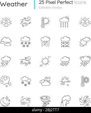 Weather pixel perfect linear icons set Stock Vector