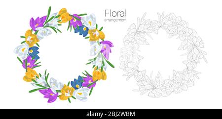 Hand drawn colorful and monochrome crocus flowers round wreaths. Floral design element. Isolated on white background. Vector illustration Stock Vector