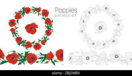 Hand drawn colorful and monochrome poppy flowers circular wreath and seamless brush. Floral design element. Isolated on white background. Vector Stock Vector