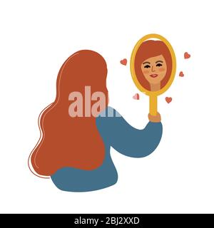 Girl looks in the mirror, modern flat vector illustration. Love yourself, body positive concept. Woman will look at herself Stock Vector