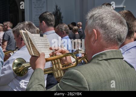 Village orchestra playing at Sunday Mass at Norbertine Church in Witow, village near Piotrkow Trybunalski, Western Mazovia, Poland Stock Photo