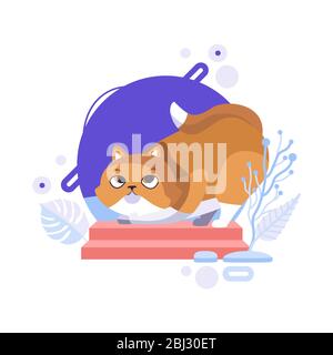 Funny cartoon persian red cat standing and playing on the red platform. Completed and isolated vector illustration. Stock Vector