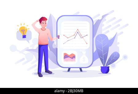 Funny young reddish man gets confused and trying to find the solution with the financial prognosis of a business company. Stock Vector