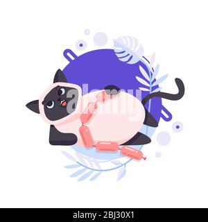 Cartoon Ragdoll or Birman cat has eaten of sausages and after that lies on the ground. He is pleased and the happiest pet on this planet. Stock Vector