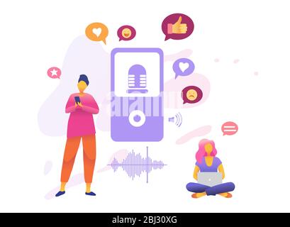 Cartoon icon with audio recording business flat for concept design with characters. Modern style infographic template. Video with likes and smiles icon vector isolated metaphor illustration. Stock Vector