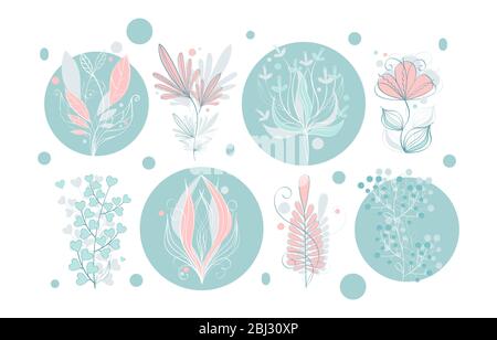 Light, very gentle and pastel set of flowers, leaves, and houseplants composition. 8 different nature objects, isolated. Stock Vector