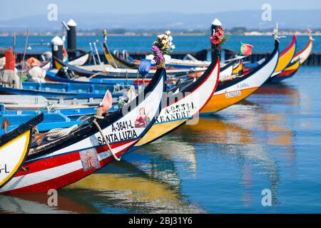 Traditional brightly painted gondola style moliceiro canal boats in Aveiro, Portugal Stock Photo