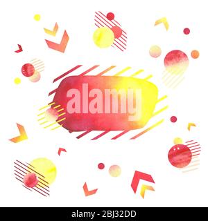 bright watercolor shape with gradient colors from maroon to yellow and variety of circles arrows and striped shapes Stock Photo