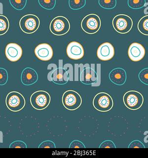 Line up of fun doodle circles on dark teal background repeat vector pattern surface design Stock Vector