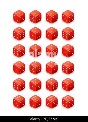 Bright red glossy game cubes isolated on white background, all possible 3d dice turns for casino in isometric view Stock Vector