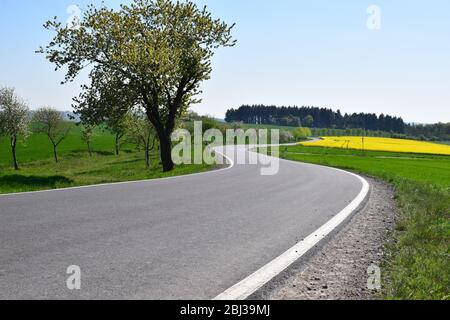 empty road in spring landscape, Eifel Stock Photo