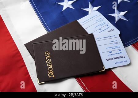 Passports And Tickets Lying On American Flag Background Stock Photo Alamy