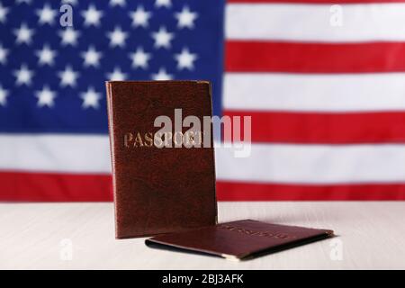 Passport on American Flag background Stock Photo