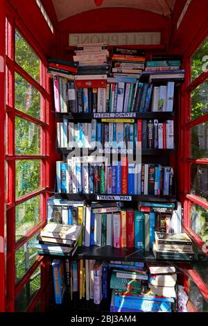Inside an old red telephone box now used as a free library in rural West Yorkshire, England, UK. Stock Photo