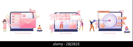 Cartoon icon set with email marketing business flat for concept design with characters. Modern style infographic template. Notebook, CRM and envelope icon vector isolated metaphor illustration. Stock Vector