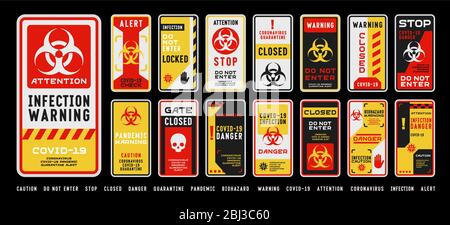 Set of coronavirus covid-19 quarantine biohazard warning and prohibition signs. Black, red and yellow high detailed design. Epidemic and Pandemic warn Stock Vector