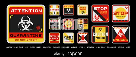 Set of coronavirus covid-19 quarantine biohazard warning and prohibition signs. Black, red and yellow high detailed design. Epidemic and Pandemic warn Stock Vector