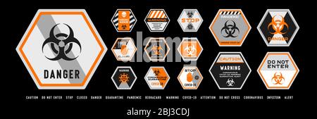 Set of coronavirus covid-19 quarantine biohazard warning and prohibition signs. Black and orange high detailed design. Epidemic and Pandemic warning. Stock Vector