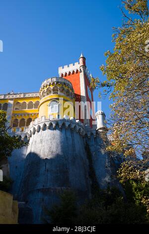 The Pena Palace, Romanticist castle in Sao Pedro de Panaferrim with crenellations in municipality of Sintra, Portugal Stock Photo