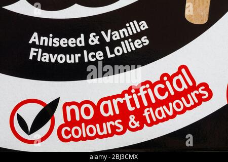 No artificial colours & flavours detail on box of Barratt Black Jack aniseed & vanilla flavour ice lollies Stock Photo