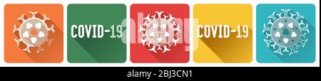 COVID-19 Coronavirus infection set of flat square icons with long shadows. Design elements with stylized virus vector illustrations. Stock Vector