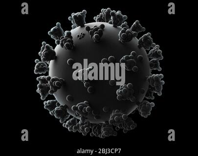 Stylized medical illustration of a gloomy black coronavirus infection COVID-19. Render of a 3D model isolated on a black background. Stock Photo