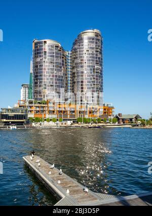 Luxury residential apartment towers and wooden jetty at Elizabeth Quay Perth Western Australia. Stock Photo