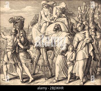 Jacob Flees Laban, Old Testament, by Julius Schnorr von Carolsfeld, 1860 Stock Photo