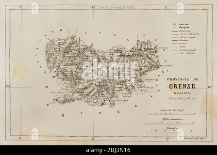 Spain, Galicia. Map of the Orense province. Cronica General de España. Historia Ilustrada y Descriptiva de sus Provincias. Galicia, 1866. Stock Photo