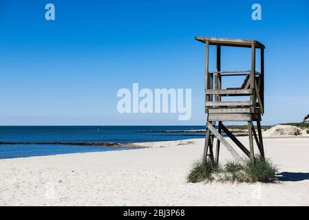 Rustic lifeguard stand overlooking the ocean at Red River Beach on Cape Cod in Massachusetts. Stock Photo