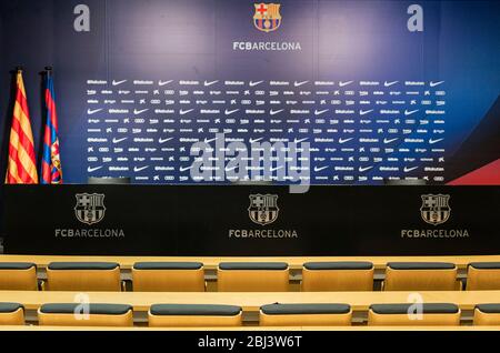 Press conference room in the Football Club Barcelona stadium Stock Photo -  Alamy