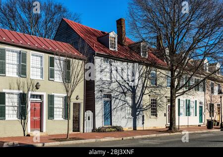 Colourful houses along historic Caroline street in old city Fredericksburg. Stock Photo